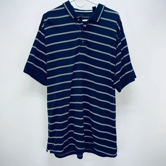 GREG NORMAN Shirt Size L Men's Navy White Striped Collared Button Front Polo - Picture 1 of 8